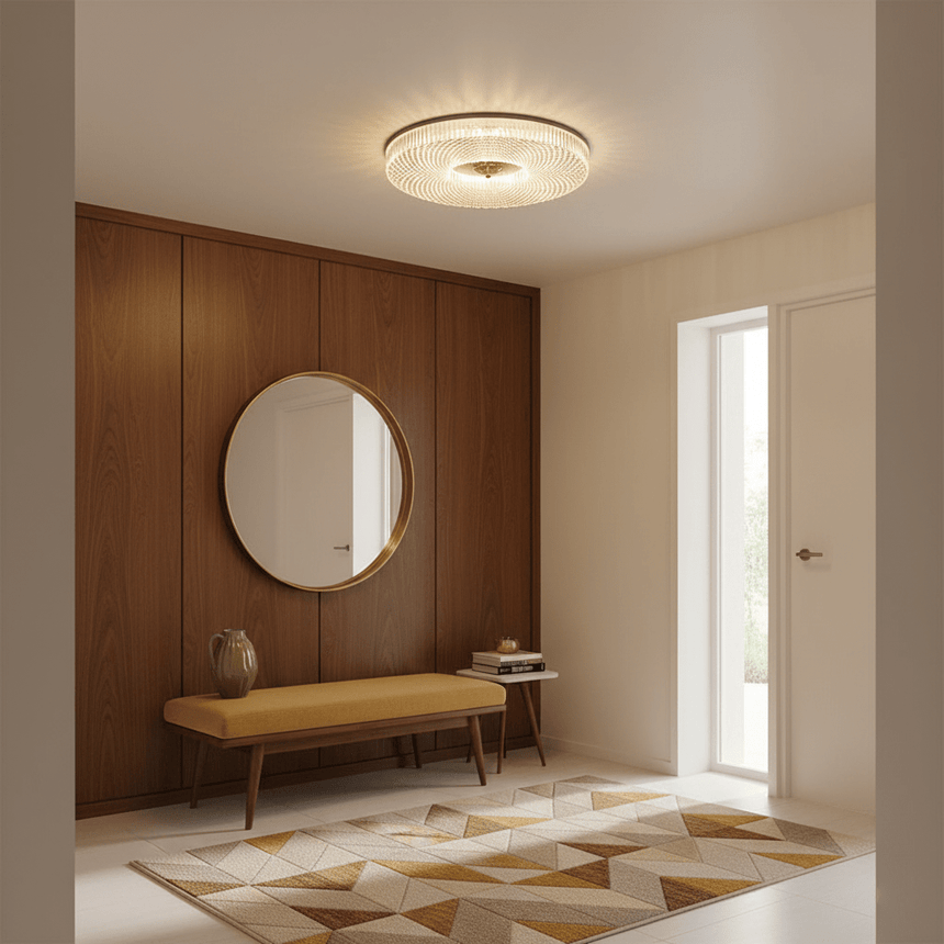 Ribbed drum ceiling light in an entry with a wood wall and an oval mirror