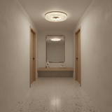 Ribbed drum ceiling light in a corridor leading to a washbasin