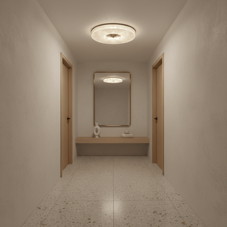Ribbed drum ceiling light in a corridor leading to a washbasin
