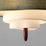 Underside of the tiered drum shade lit, showing the concentric rims