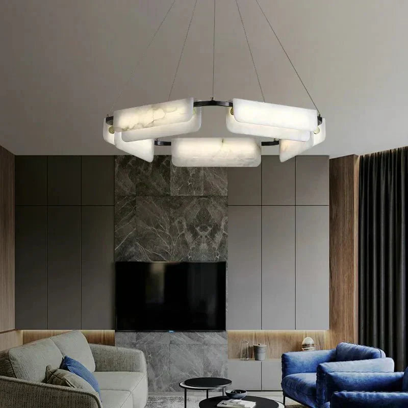 Tiered chandelier illuminated in living room