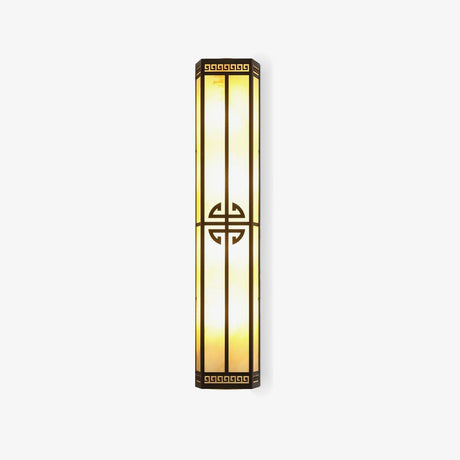 Tall exterior wall sconce, a slim lantern column with glowing panels and a round fretwork medallion