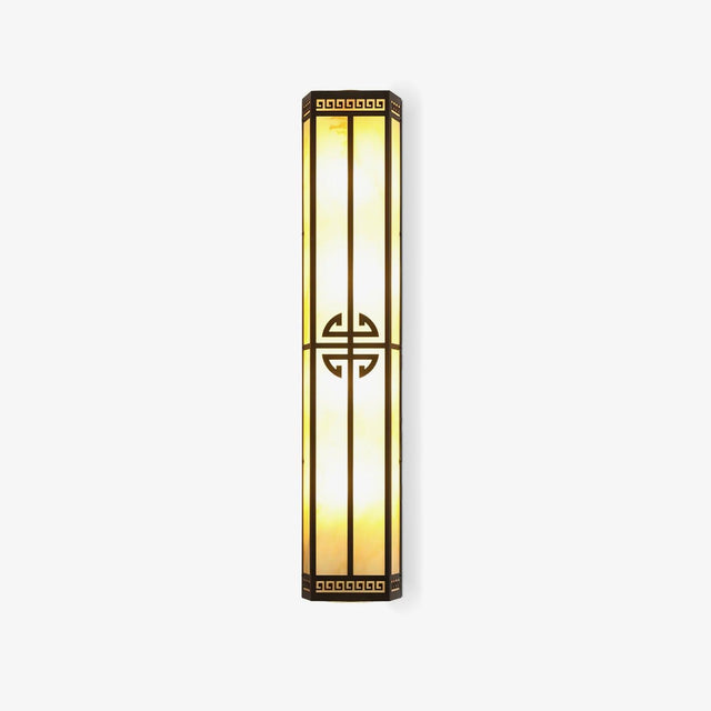 Tall exterior wall sconce, a slim lantern column with glowing panels and a round fretwork medallion