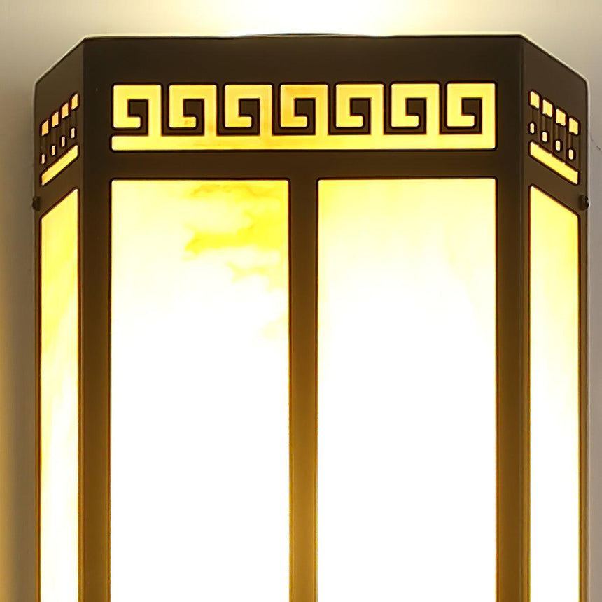 Close view of the fretwork band at the top of the lantern