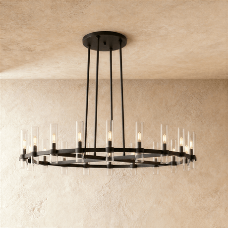 The black ring seen at an angle, the glass tubes lit along the flat band