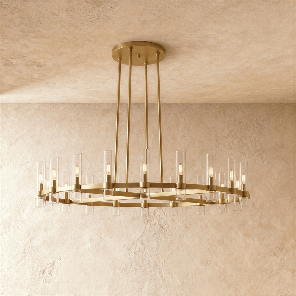 A wide brass ring carrying a row of clear glass candle tubes on four long stems