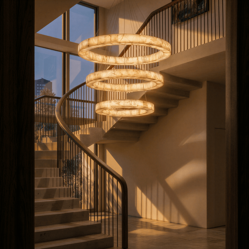 Three rings lit down a stairwell beside tall windows and a handrail