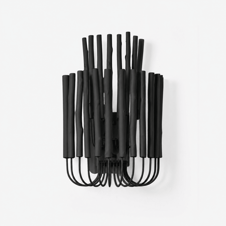 The same sconce in black, the rods and wire frame finished dark
