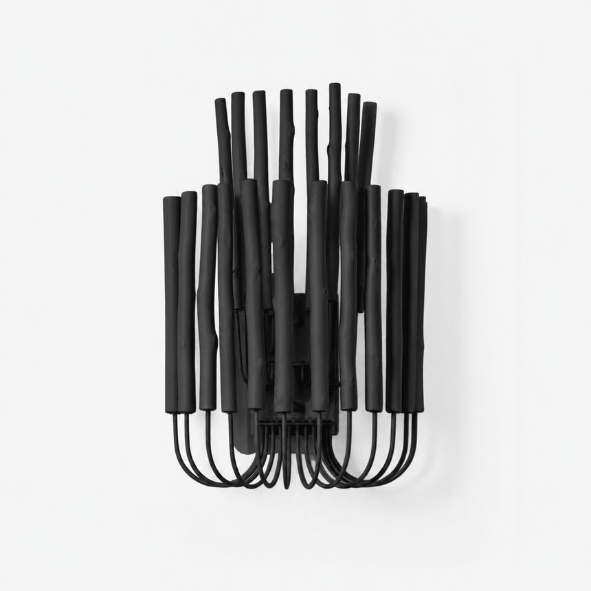 The same sconce in black, the rods and wire frame finished dark