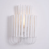 White wood rods lit from within, the light rising between the sticks