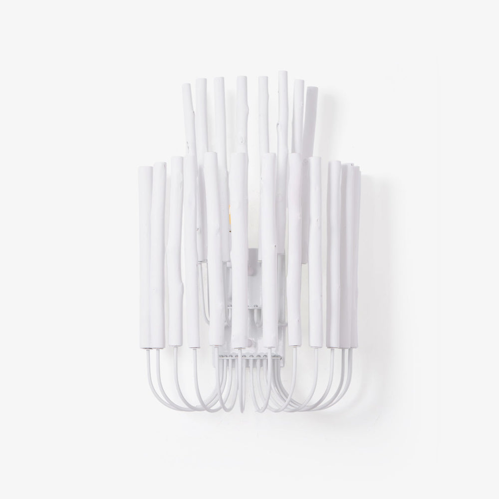 Extra large wall sconce built from white wood rods on a curved wire frame