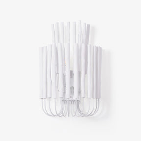 Extra large wall sconce built from white wood rods on a curved wire frame