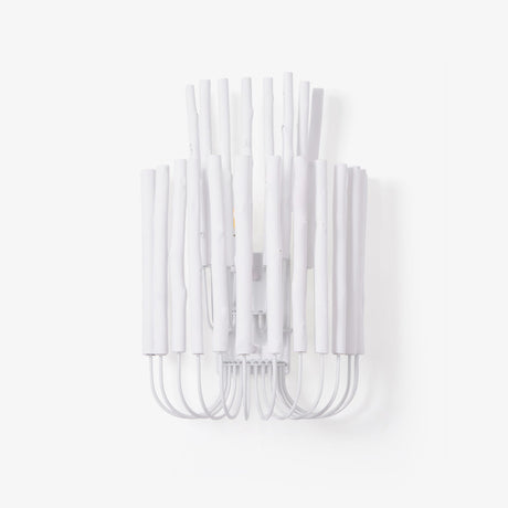 Extra large wall sconce built from white wood rods on a curved wire frame