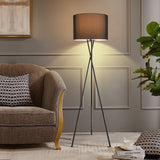 The lit lamp beside a brown armchair and a sofa in a paneled room with plants