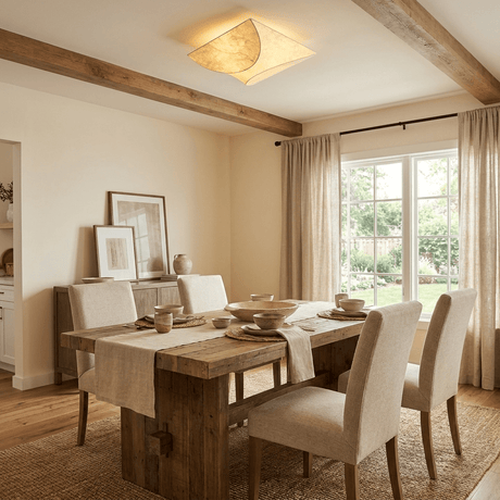 Square silk ceiling light in a dining room with a wood table and beams