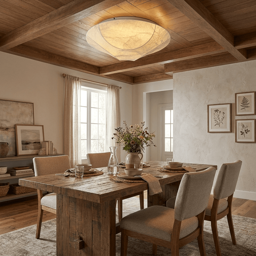 Square silk ceiling light under a beamed ceiling above a dining table