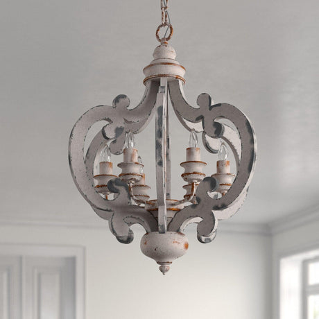 Two scroll arms and the distressed antique white finish on them