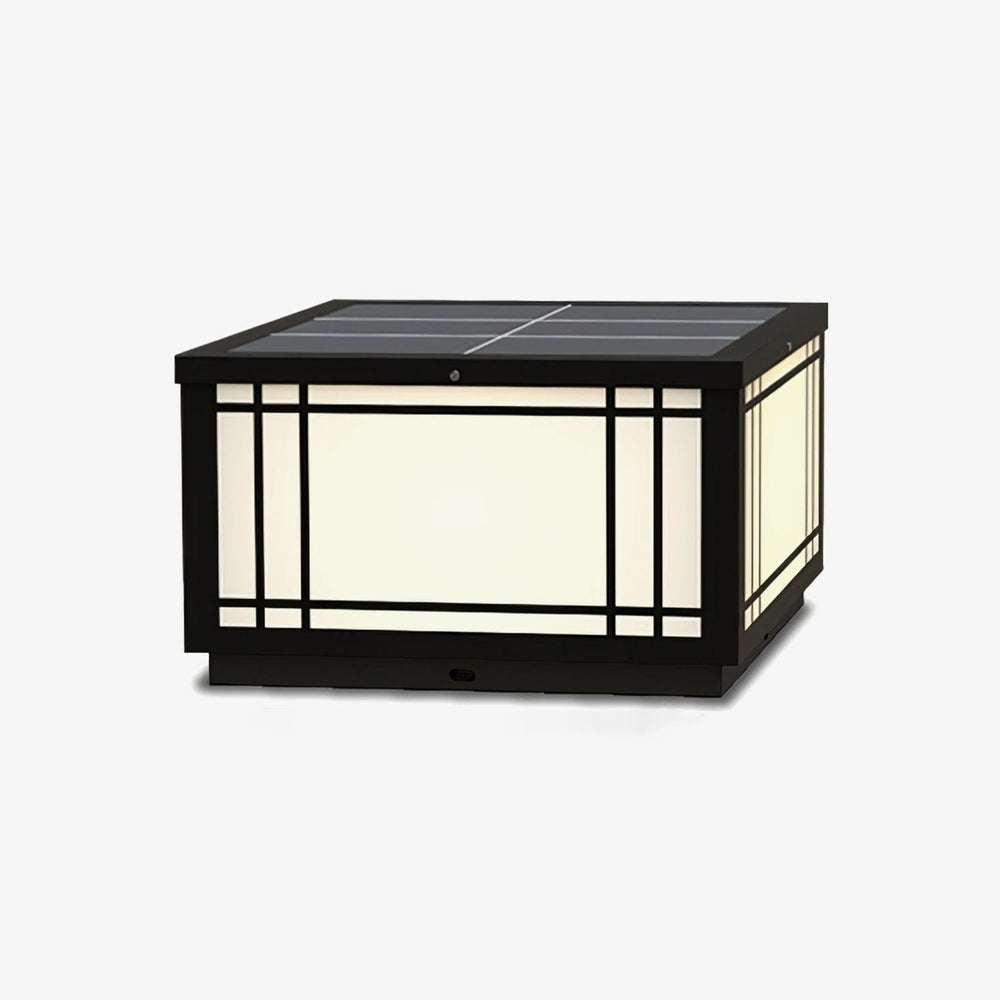 Square cube lantern with a slim grid over white panels on all faces