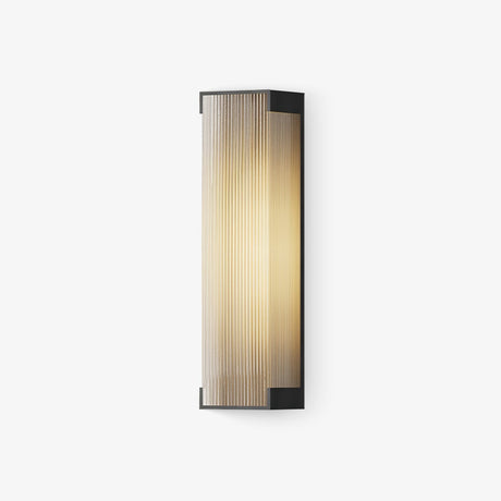 Flat outdoor wall light in black with a ribbed translucent lit face
