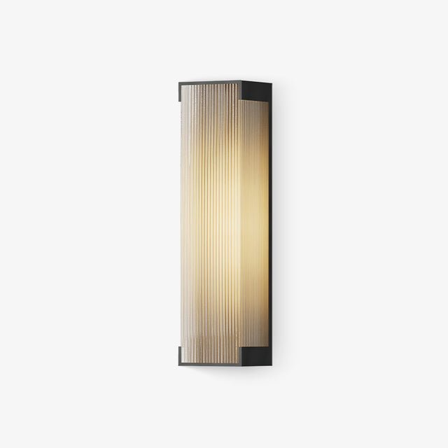 Flat outdoor wall light in black with a ribbed translucent lit face