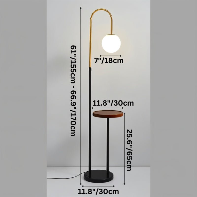 Dimension drawing of the lamp at 66.9 inches tall with a dark wooden tray