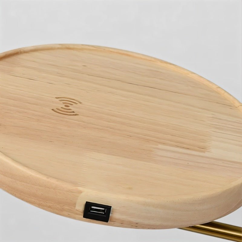 The wooden tray top showing the wireless charging area and a USB port on its rim