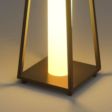 The lit panel seen close inside the open tapered frame