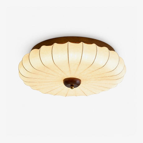 Flower flush mount ceiling light with a pleated petal shade and a wood finial