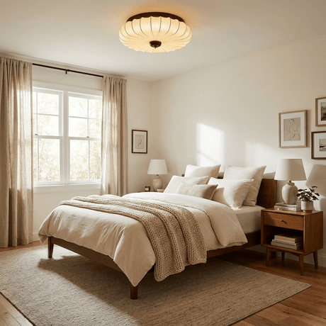 Pleated petal ceiling light above a bed with linen covers and a window