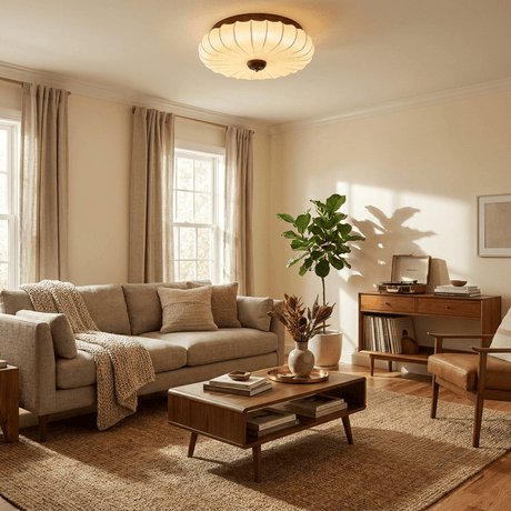 Pleated petal ceiling light in a living room with a sofa and a wood table