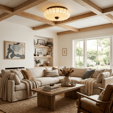 Pleated petal ceiling light under a coffered ceiling in a bright living room
