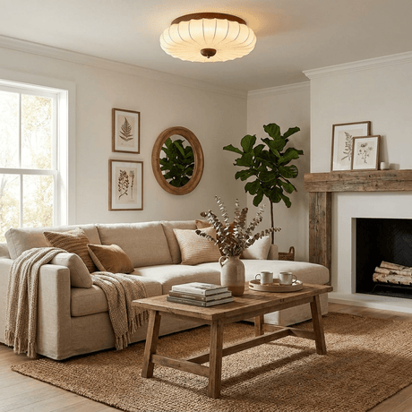 Pleated petal ceiling light in a living room with a fireplace and a plant
