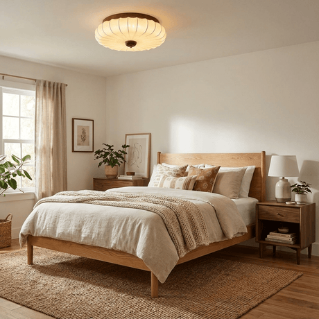Pleated petal ceiling light above a wood bed with two nightstands
