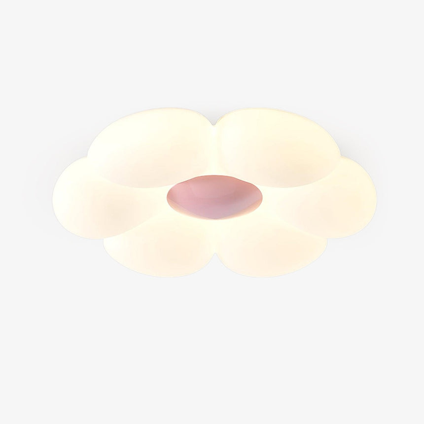 Flower flush mount ceiling light with six white petals and a pink center