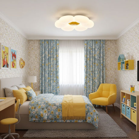Flower ceiling light with a yellow center in a child bedroom with blue curtains