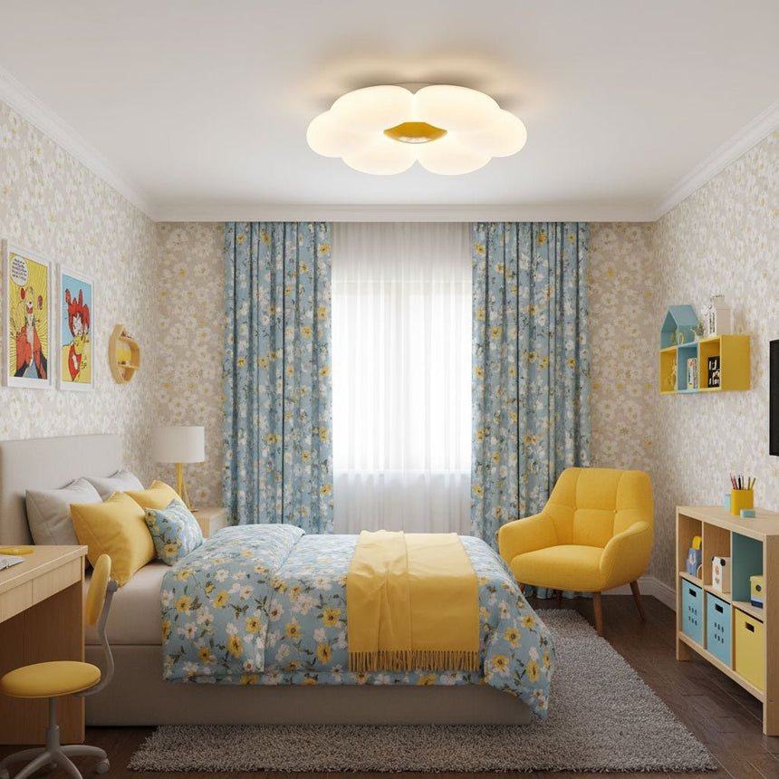 Flower ceiling light with a yellow center in a child bedroom with blue curtains