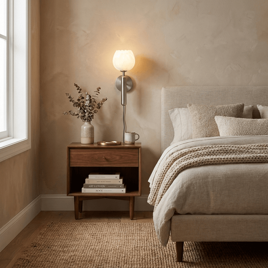 The lit lamp beside a bed above a nightstand with a vase of stems