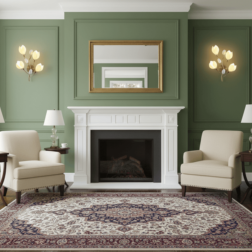 Two magnolia lights on a green paneled wall on each side of a white fireplace