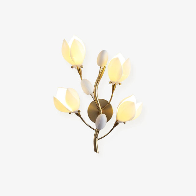 Wall light of white porcelain magnolia blooms and buds on curving gold branches