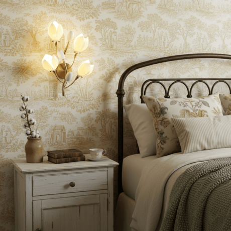 The magnolia light above a white nightstand beside an iron bed and toile wallpaper