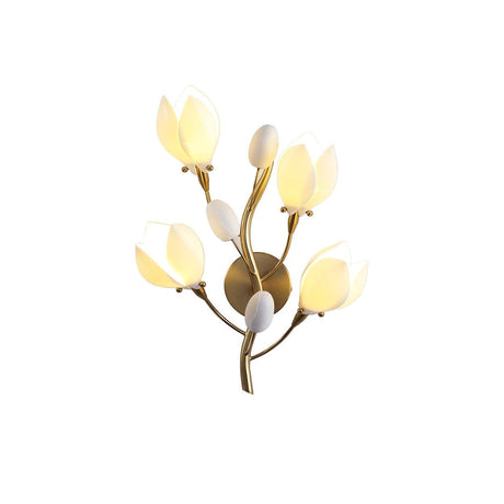 The magnolia light lit on a white background, showing the gold wall plate