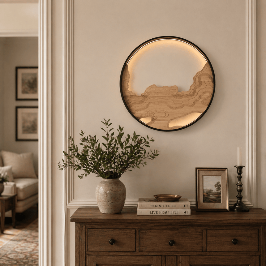 Carved disc lit on a hallway wall above a console with a vase and books