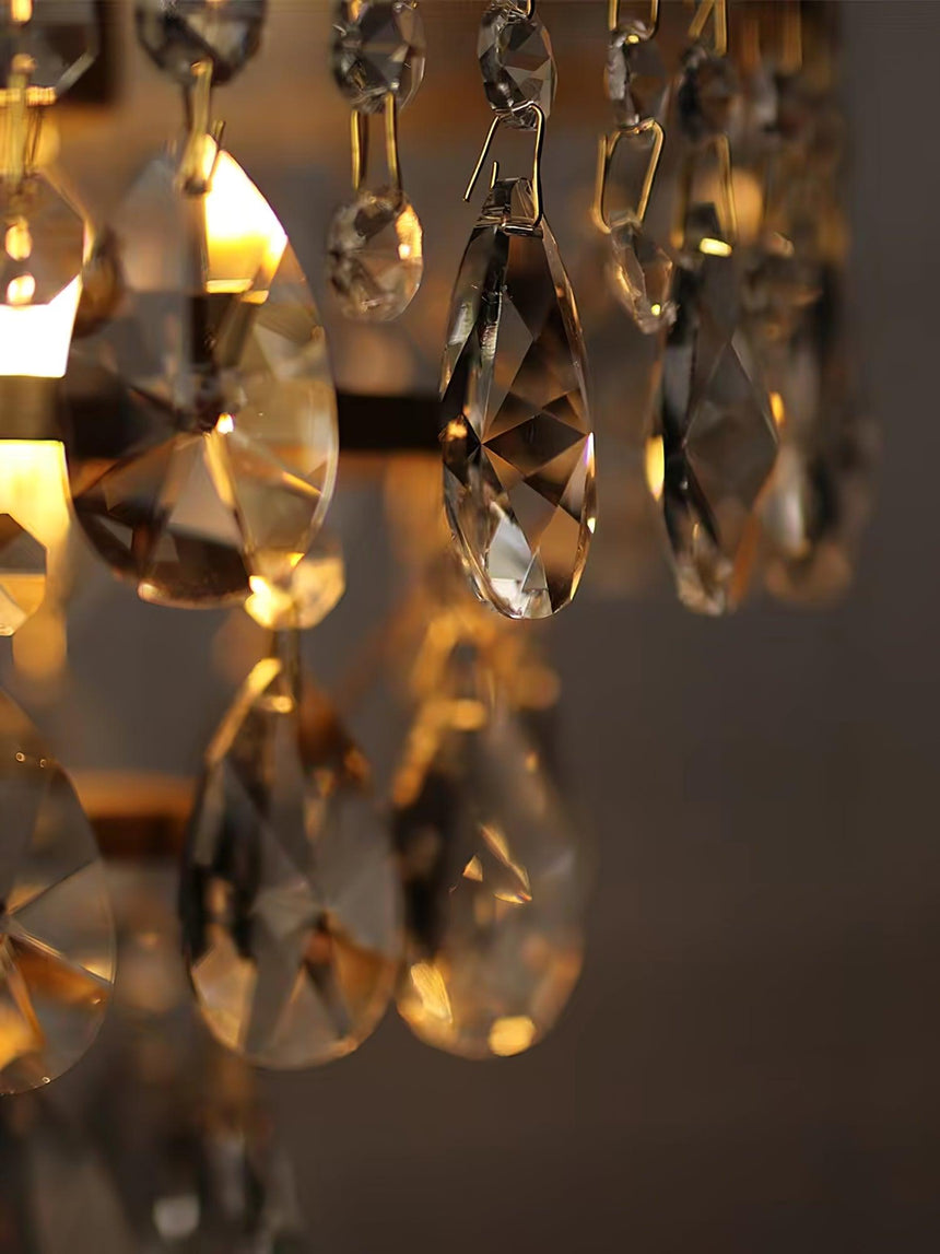 Close view of the faceted crystal drops lit from inside