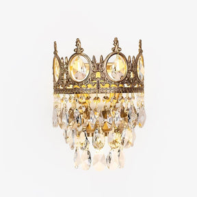 Gold tone crown shaped wall lamp with round crystal medallions and tiers of crystal drops
