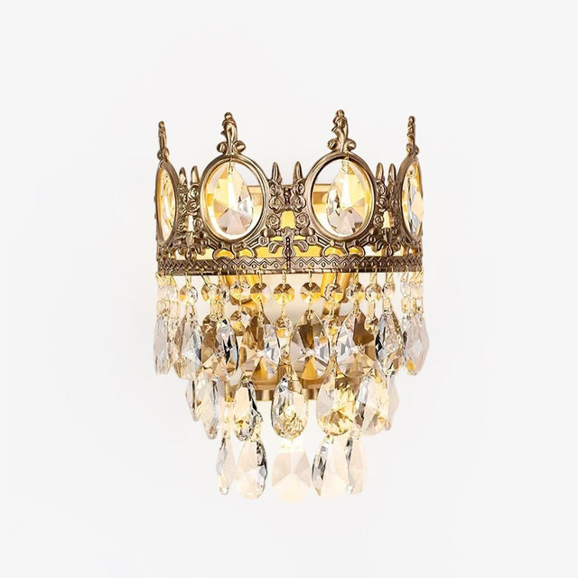 Gold tone crown shaped wall lamp with round crystal medallions and tiers of crystal drops