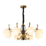 The eight light build with tulip shades at two heights round the stem