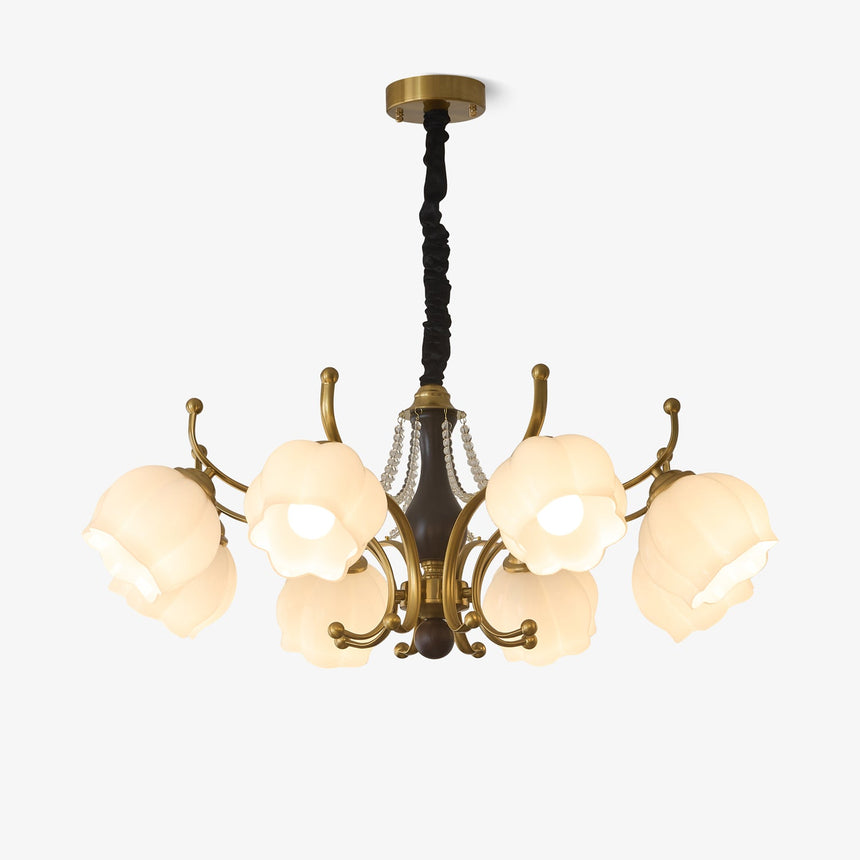 Frosted glass tulip shades on brass arms around a carved walnut column