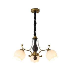 The three light build, three frosted tulip shades on curved arms