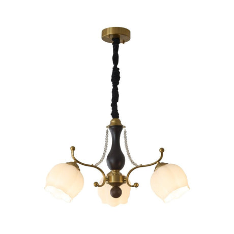 The three light build, three frosted tulip shades on curved arms