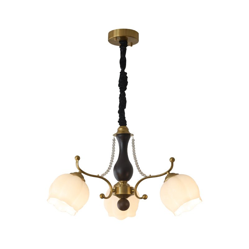 The three light build, three frosted tulip shades on curved arms